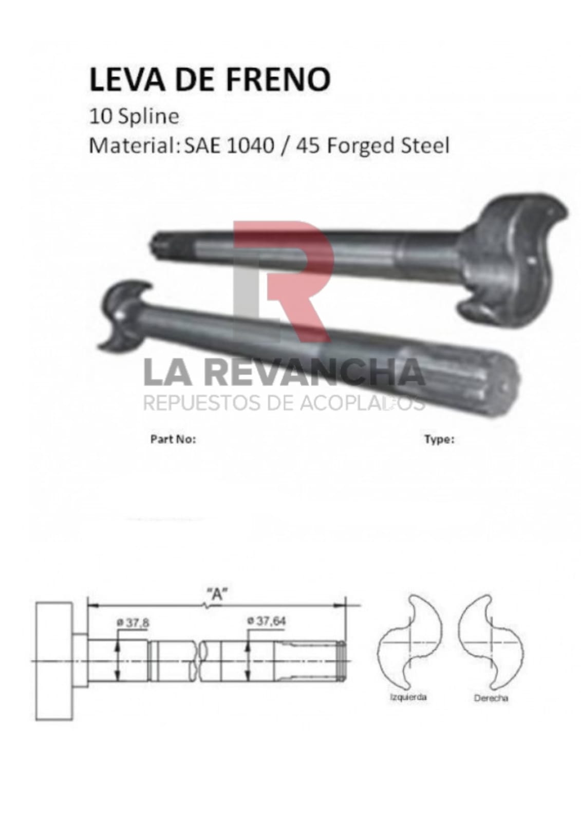 Leva de freno 10 estrias x 430mm (Derecha)